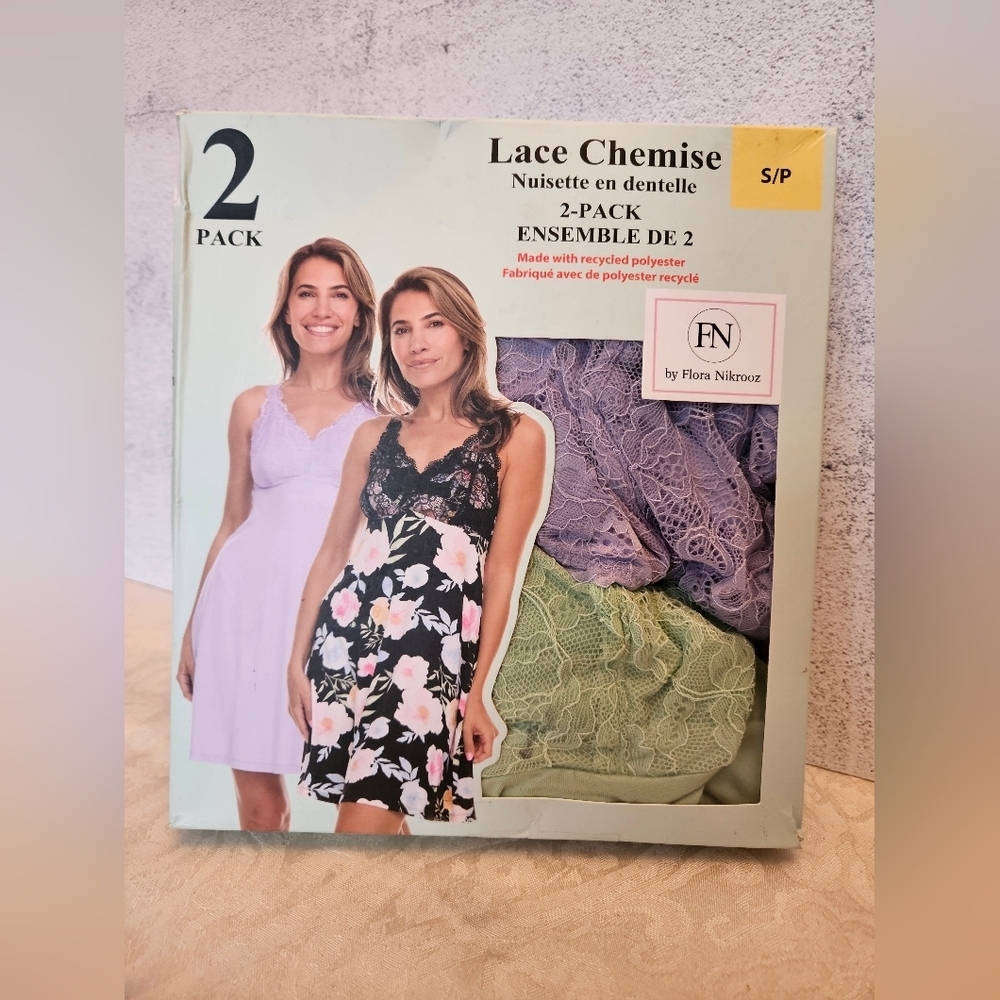 Flora Nikrooz Size Small Solid Green and Mauve 2 Pack of Lace Chemises